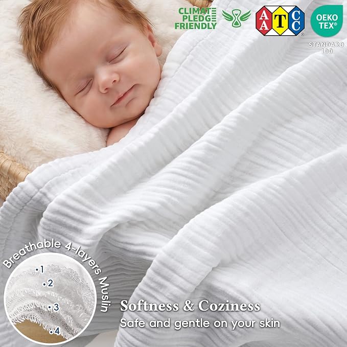 David's Home Soft Muslin Blanket King Size for Adults, 60% Rayon 40% Cotton, Breathable Lightweight Cooling Blanket for Hot Sleepers, 4-Layer Cozy Gauze for Bed, 108"x90", White
