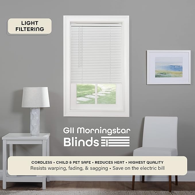 Cordless Light Filtering Mini Blind - 29 Inch Width, 72 Inch Length, 1" Slat Size - Pearl White - Cordless GII Morningstar Horizontal Windows Blinds for Interior by Achim Home Decor
