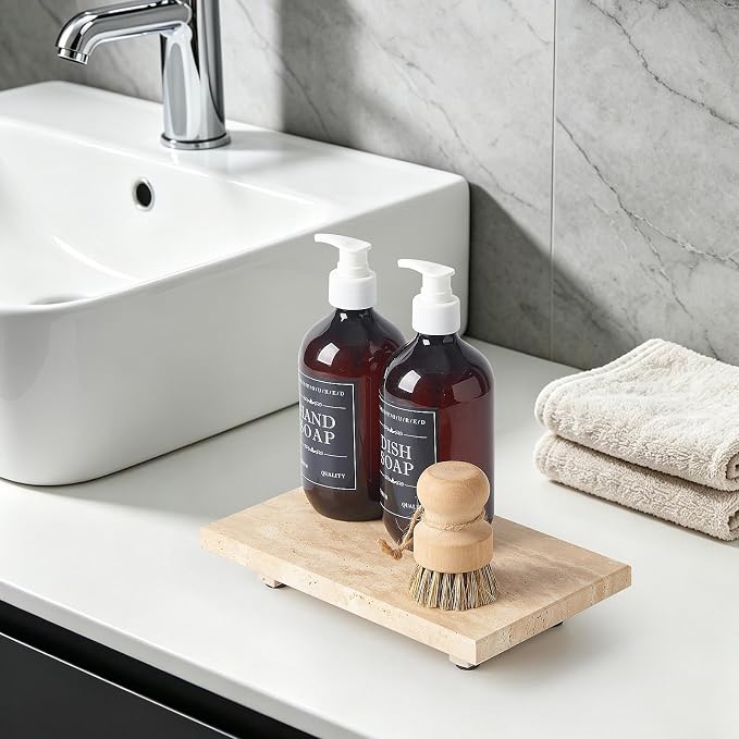 Natural Travertine Tray Pedestal Stand – Soap & Jewelry Riser for Bathroom Counter, Kitchen Sink, Vanity Organizer, Decorative Stone Catchall for Perfume, Candles
