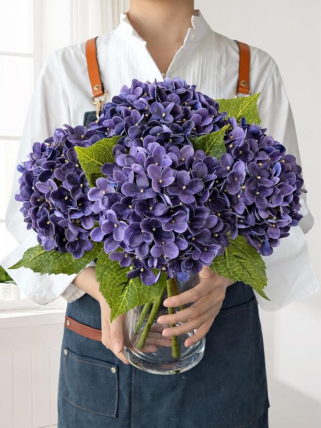 JINWOE Puple Hydrangea Artificial Flowers, 4Pcs 20" Lifelike Latex Silk Real Touch Faux Hydrangea Flowers, Artificial Hydrangeas Bouquet for Wedding Centerpieces Tables Party Home