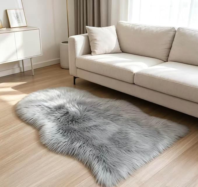 Faux Fur Rug 2 x 3 ft Sheepskin Shaggy Fuzzy Grey Area Rug Super Soft Fluffy Plush Carpet for Bedroom Living Room Sofa Floor Kids Room Bedside