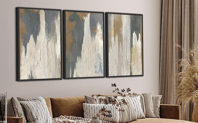 ASDCEUTICALS Large Canvas Wall Art - Gray Brown and Beige Abstract Pictures for Living Room Vintage Wall Decor Retro Artwork Black Float Framed Paintings for Bedroom Dinning Room 24" X 36" X 3 pcs