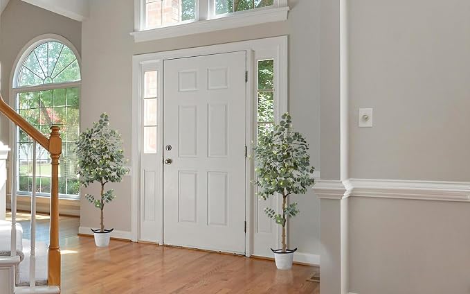Artificial Eucalyptus Plant 5ft, Fake Tree with Basket, Faux Eucalyptus Plants with White Silver Dollar Leaves, Faux Floor Trees for Home Office Decor Indoor Outdoor