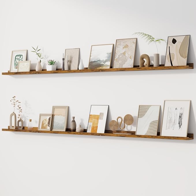 Fun Memories Picture Ledge Shelf, 60 Inch Floating Shelves Set of 2, Large Book Shelves for Toys Storage, Kids Bookshelf Wall Mounted for Wall Decor Books Photo Frames, Rustic Brown