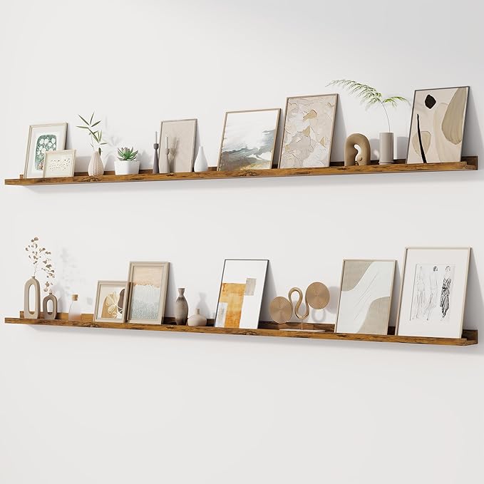 Floating Picture Ledge Shelves for Wall Set of 2, 72 Inches Picture Ledge Shelf with Long Large Nursery Book Shelf for Storage, Bookshelf Wall Mounted Living Room Decor Frames, Rustic Brown