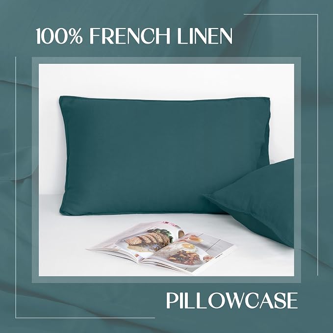 Linen World Linen Pillow Cases King Size - 20"x40" Set of 2,100% French Flax Pillowcase,Soft Breathable Natural Pillow Covers,Midnight Green