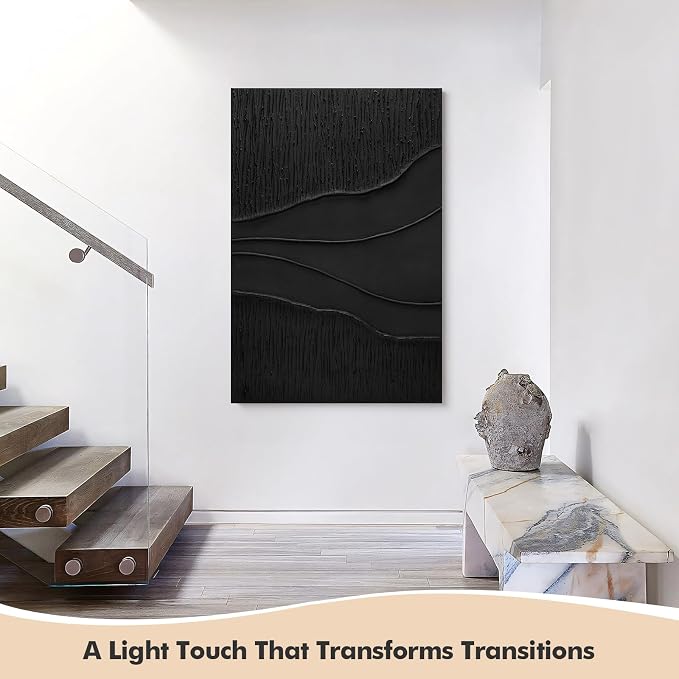 Large Black 3D Textured Wall Art, Hand-Painted Minimalist Canvas Artwork | Modern Abstract Vertical Wall Decor for Living Room Bedroom Office, Original Ocean Waves Oil Painting Home Decor, 24x36 in