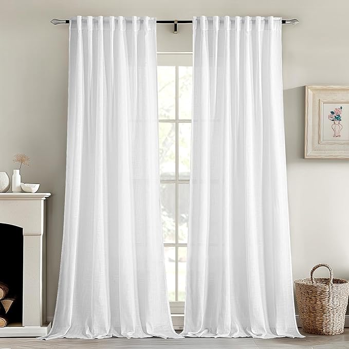 MIULEE White Linen Curtains 72 Inch Length 2 Panels for Bedroom Living Room, Soft Thick Linen Textured Back Tab Window Drapes Semi Sheer Light Filtering Rod Pocket Modern Farmhouse Decor