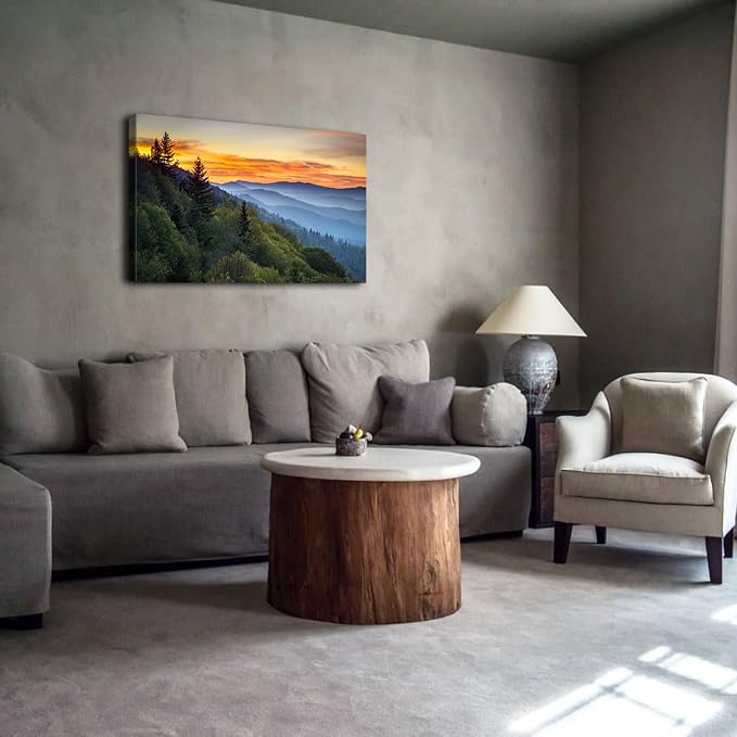 Great Smoky Mountains Canvas Wall Art Nature Forest Sunrise Wall Decor for Living Room National Park Photographic Prints Painting Misty North Carolina Landscape Pictures Artwork Home Decoration 24x36"