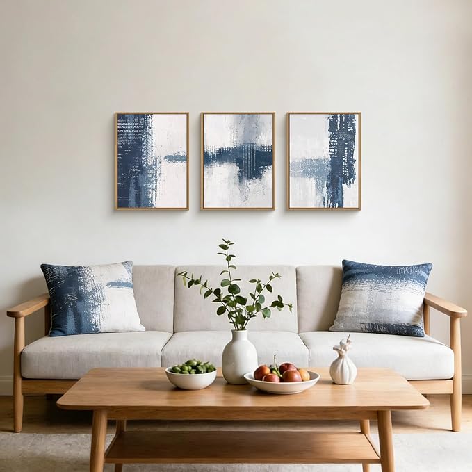 Abstract Navy Blue Grey Framed Canvas Wall Art Set,Modern Minimalist Wall Decor,Neutral Brush Stroke Artwork for Living Room,Bedroom,Dining Room,Office -12"x16"x3