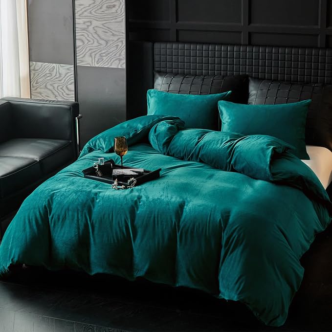 WARMDERN Teal Blue Flannel Velvet Duvet Cover Queen Size Duvet Cover Bedding Sets, 3pcs Ultra Soft Luxury Textured Modern Crystal Velvet Duvet Covers with Zipper Closure(Teal Blue, Queen)