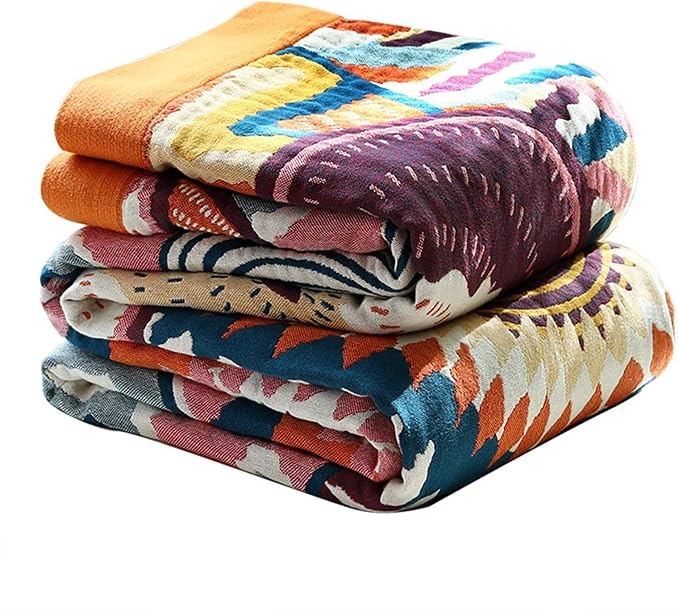 MSGKV Boho Throw Blanket for Couch 50"x60" 100% Cotton Sofa Blanket Summer Breathable Lightweight Blanket Home Decor Muslin All Seasons