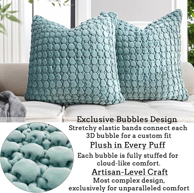 Throw Pillow Covers 18x18 Set of 2 Velvet Square Pillowcase Soft Skin-Friendly Thickened Decorative Farmhouse Cushion Covers Soft Bubble Texture for Couch Bedroom Living Room,Blue Green