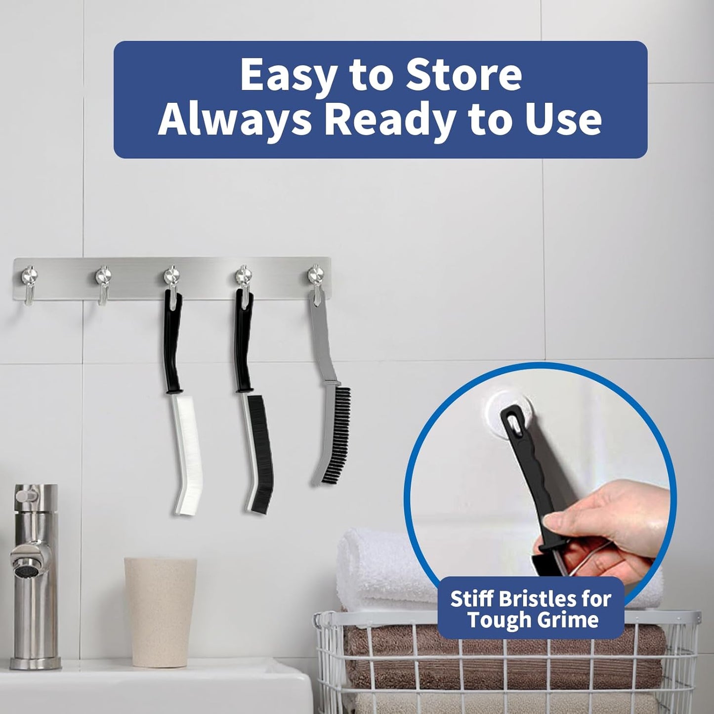 3 Pcs Cleaning Brushes for Household - Crevice Brush for Scrub Small Spaces, Toilet Cleaning Tool with Comfortable Grip, Long&Firm Bristle for Shower Tile Grout, Sinks Gap, Window Tracks, Hinges