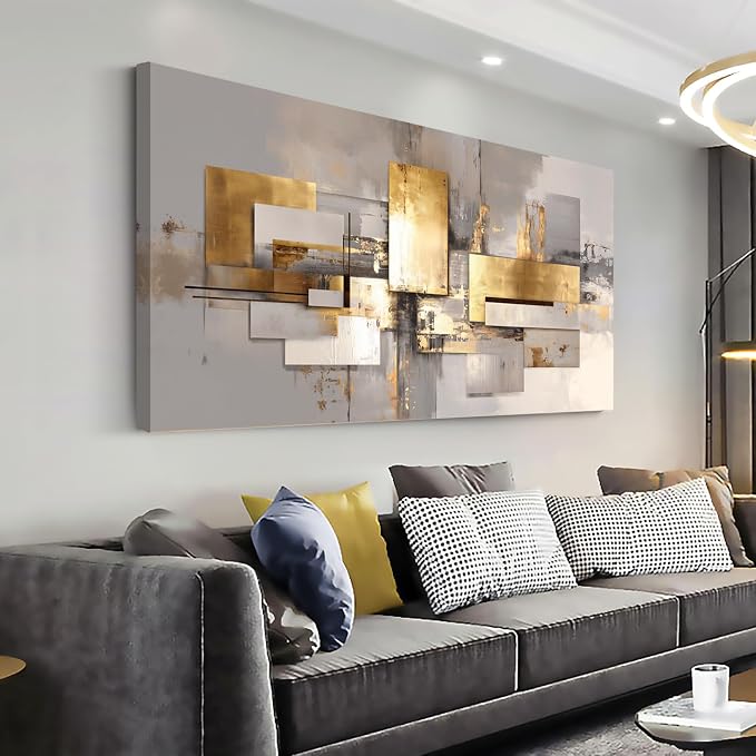 Ggaafet Gold Abstract Wall Art for Bedroom Canvas Painting Prints Golden Rectangle Art Deco Modern Artwork Office Family Room Decor