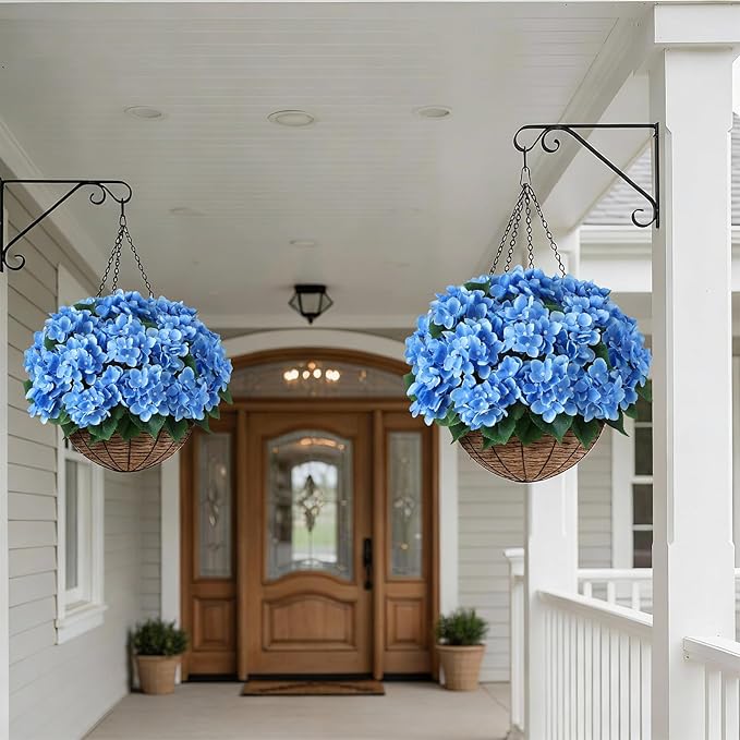 FOTEEWL 16 Bundles Artificial Hydrangea Flowers for Outdoor Decor, Realistic Faux Silk Bouquets Sun-Resistant Fake Plants for Front Door Balcony Farmhouse Garden Home Spring Summer Decor (Blue)