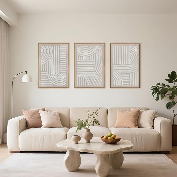 Large Abstract Neutral Geometric Framed Canvas Wall Art,Boho Minimalist Shapes Wall Decor,Modern Lines Artwork,Mid Century Arch Art Print for Living Room,Bedroom,Office- 24"x36"x3