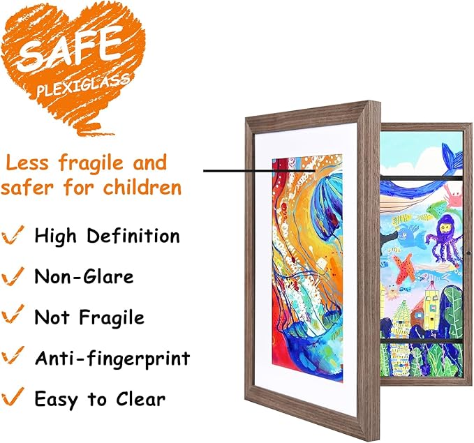 KINLINK 10x12.5 Kids Art Frame Set of 2, Solid Wood Kids Artwork Frames Changeable with Front Opening Hold 150 Pictures, Art Frames for Kids Art with Mat，without Mat 10x12.5 Picture Frame Brown Wood