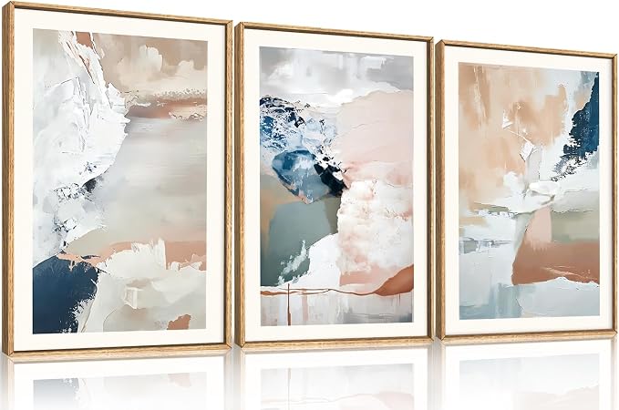 Large Abstract Brush Strokes Framed Canvas Wall Art,Neutral Navy Blue Wall Decor,Modern Pastel Wall Painting,Grey White Toned Artwork for Living Room,Bedroom,Dining Room,Office -16"x24"x3