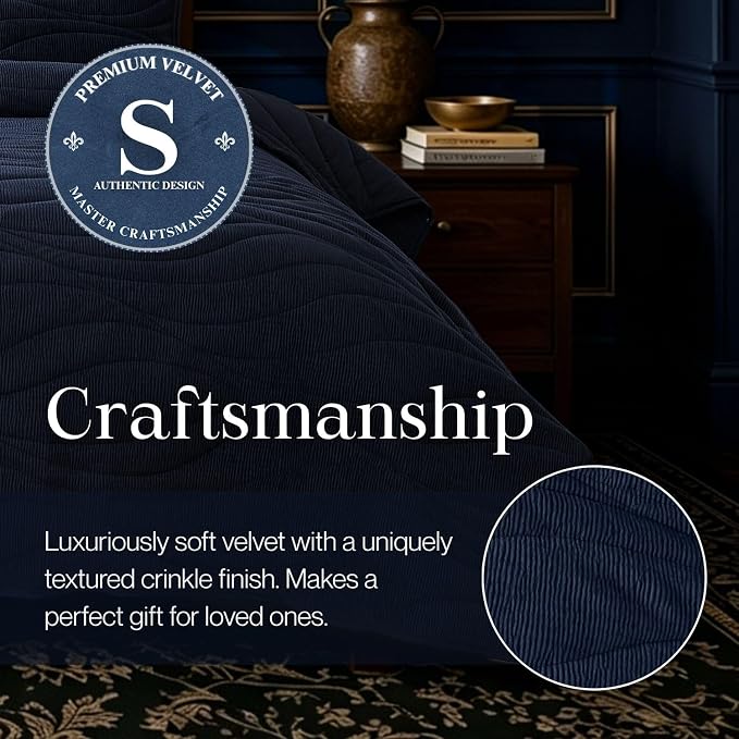 DOWN HOME Crinkle Textured Velvet Quilt Set with Shams, All-Season Luxury Modern Bedding,Easy Care Comforter,Ultra-Soft,Lightweight & Breathable, King, Imperial Blue