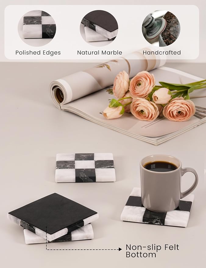 Marble Coasters Set of 4, Zebra Black & White Handmade 4 inch Square Checkered Stone Coaster, Drink Coasters for Living Room, Trendy Office Desk Accessories & Home Décor