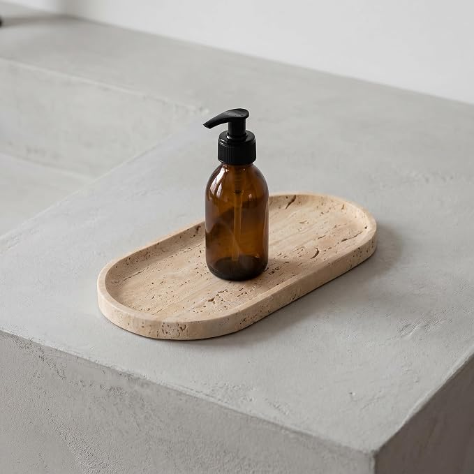 YKAJO Yellow Travertine Oval Marble Tray, 9.8x4.7 Vanity Perfume Organizer | Honed natural stone; jewelry & trinket dish, ring & key holder, soap & candle catchall; bath counter, dresser, coffee table