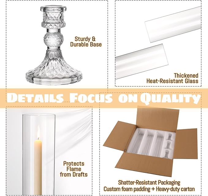 6 Set Hurricane Glass Candle Holders for Taper Candles, Candlestick Holders with Windproof Glass Tubes 13.4" H, Taper Candle Holders for Wedding, Dinner Table Centerpieces, Festival and Party Decor