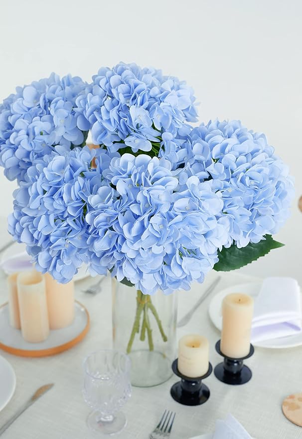 PARTY JOY 5PCS 15.4In Artificial Hydrangea Silk Flowers Bouquet Faux Hydrangea Stems for Wedding Centerpieces Home Decor (Light Blue)