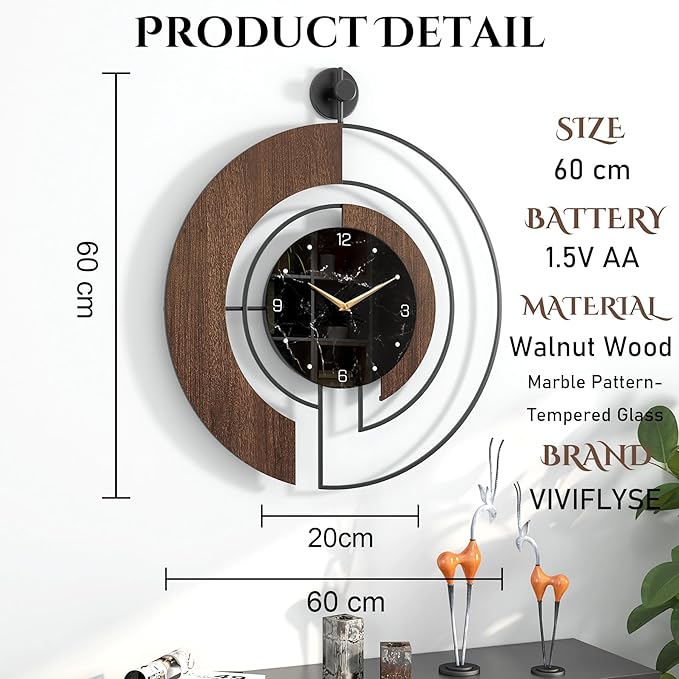 Modern Walnut Marble Dial Wall Clock, Large Wood Metal Frame Silent Non Ticking Wall Clocks for Living Room, Bedroom Decoration, Contemporary Home Wall Decor Gift Idea, 26.4 in
