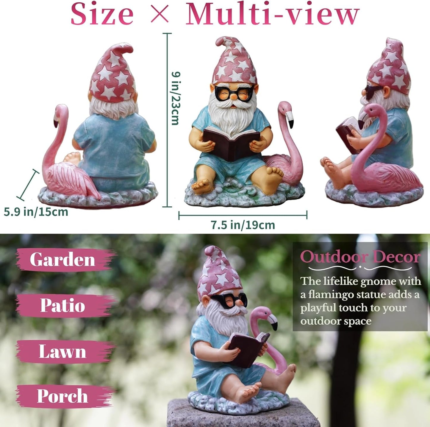 Gnome Statue Garden Decor, Resin Gnome and Flamingo Figurines Outdoor Decorations for Yard Art Porch Lawn Ornaments, Unique Housewarming Gifts