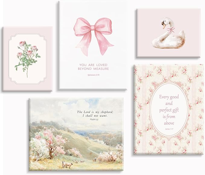 Nursery Christian Wall Art Bible Verses Canvas Wall Decor Baby Girl Room Poster Vintage Pink Nursery Prints Decor Floral Bow Swan Artwork Jesus Scripture Picture for Bedroom 12x16x5 Inch Wrapped Canvas