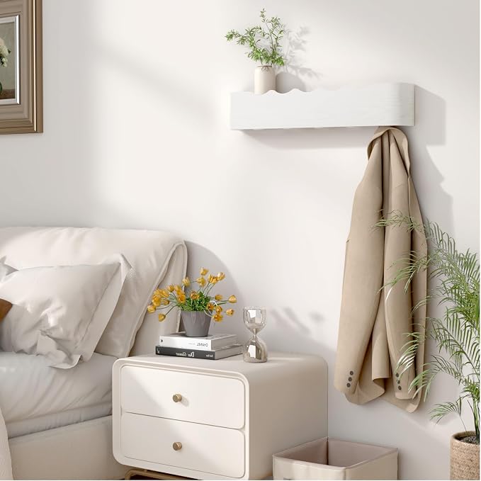 Wall Mounted Coat Rack with Shelf, Wooden Entryway Organizer with Hidden Metal Hooks for Hanging Coats Bags Keys, Modern Floating Shelf for Hallway Bathroom