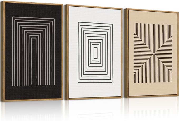 Anyzal Extra Large Abstract Black Framed Wall Art 24x36 Inch Boho Modern Canvas Wall Decor Brown White Minimalist Art prints for Living Room Bedroom Office Set of 3