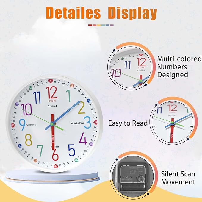 Learning Clock for Kids,10'' Silent Non-Ticking Teaching to Tell Time Colorful Wall Clocks for Children's Room Bedroom Classroom Home Decor, Gifts for Christmas Birthday (White)