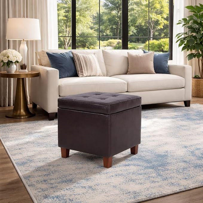 HomePop Leatherette Tufted Square Storage Ottoman with Hinged Lid, Brown Small