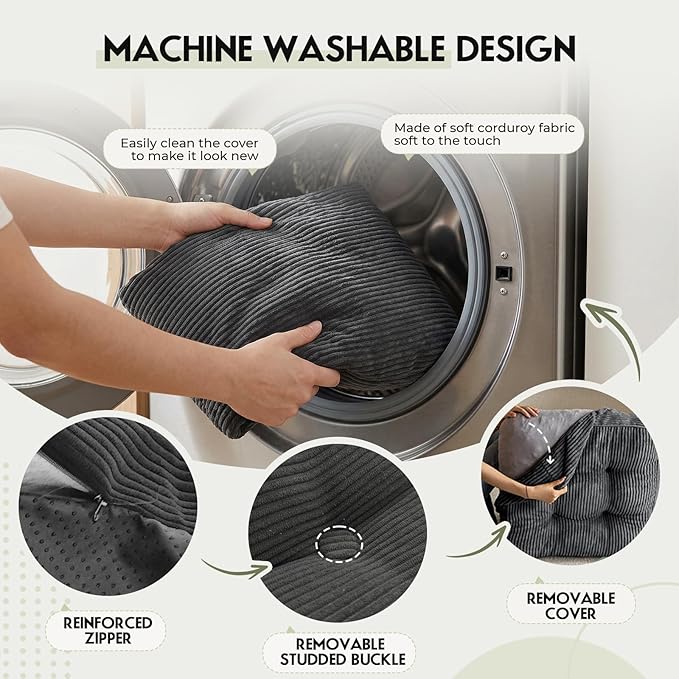 11" Thick Washable Floor Pillow for Adults, Yoga & Meditation Cushion with Handle, Square Large Pillows Seating with Removable Tufted Corduroy Cover for Tatami Living Room Board Games, Dark Gray