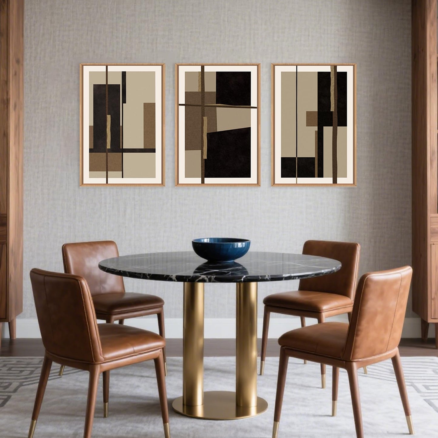 Abstract Shapes Framed Canvas Wall Art Set, Mid-Century Black Polygon Wall Decor, Black Brown Irregular Painting, Neutral Modern Art Print for Living Room, Dining Room, Office - 16"x24"x3