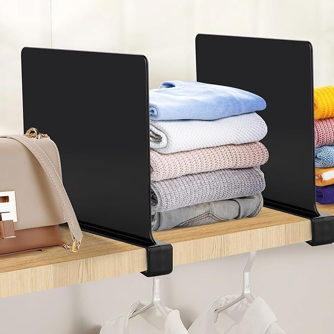 JOY DECOR 6 Pack Acrylic Matte Black Shelf Dividers for Closets Organizer and Storage Adjustable Vertical Wood Shelf Closet Separators for Clothes,Book,Bags in Bedroom and Kitchen