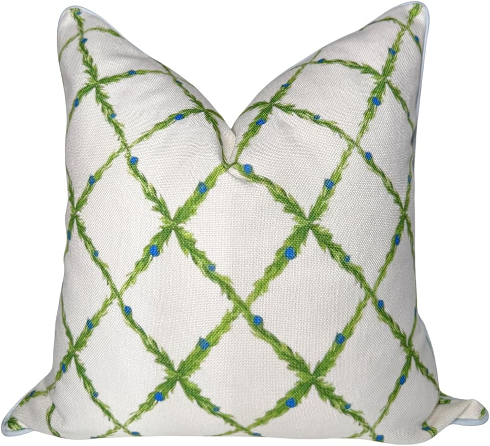 Jillien Harbor “The Lattice” Spring Decorative Festive Pillow Cover – Garden-Inspired White Accent Pillow Cover with Grey-Blue Pipping – Grandmillennial Home Decor, 20" x 20"