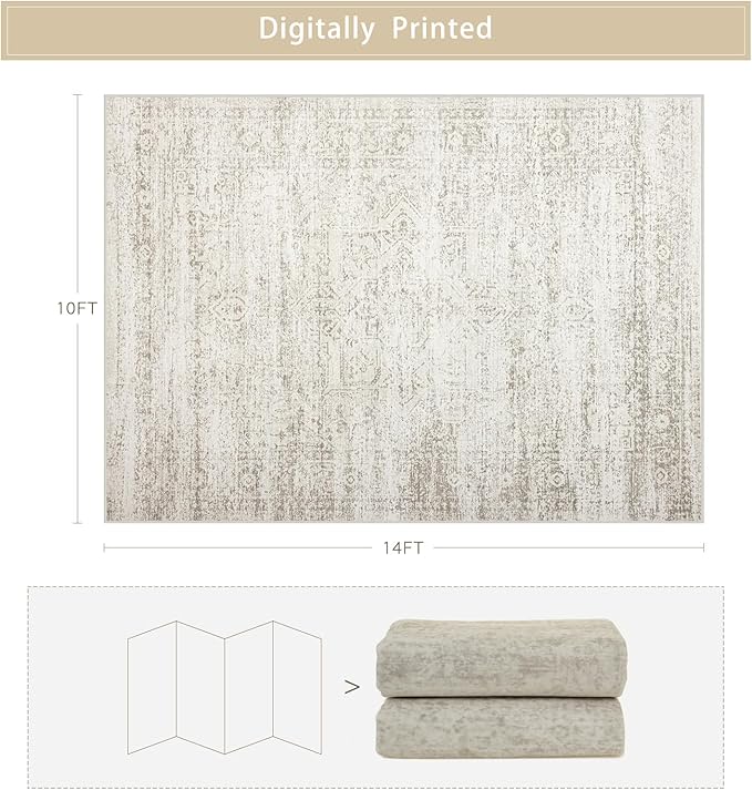 Srugn Washable Rugs 10x14 Area Rugs for Living Room,Rugs for Bedroom,Large Carpets,Ultra Soft Faux Wool Retro Dining Room Rug,Non Slip&Non-Shedding Low Pile Vintage Print Rug for Home Office Decor
