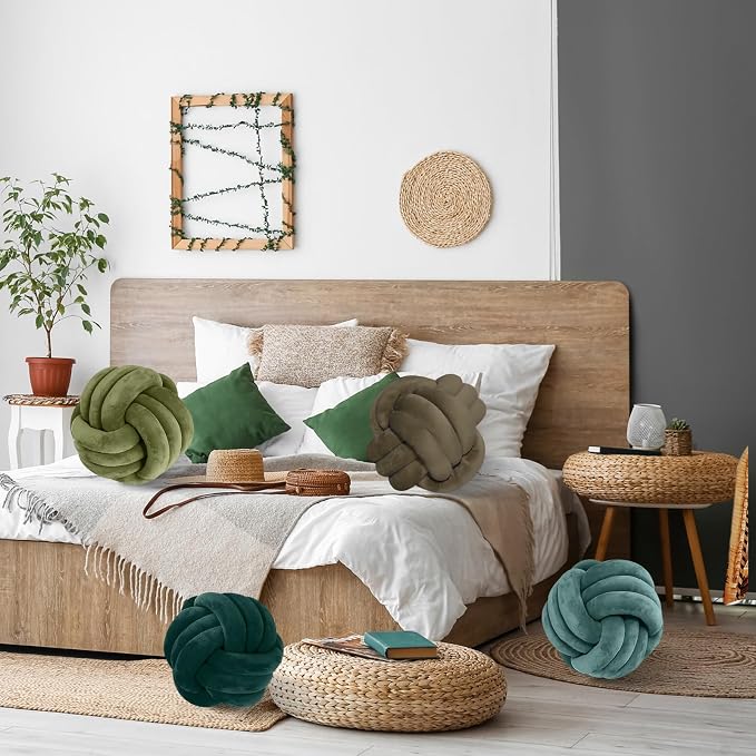 Yerliker 4 Pcs Knot Pillow Ball, 8.7 Inches Soft Home Decorative Round Throw Pillow Handmade Knotted Plush Accent Cushion Gifts for Nursery Decor Home Bed Sofa Bedroom Decoration(Green Series)