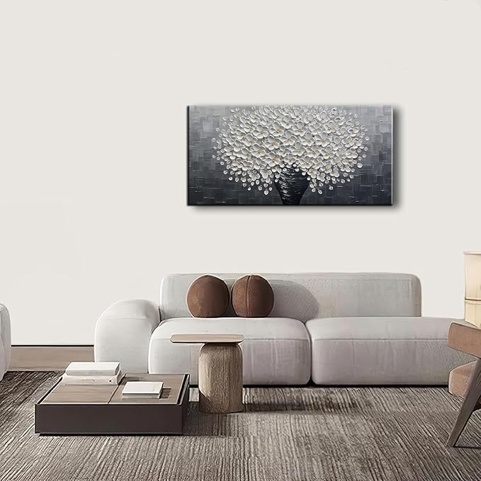 YaSheng Art - Oil Painting Wall Art hand painted White Floral Artwork 3D Thick Texture Black and White Floral Vase Canvas Wall Art Modern Abstract Art Home Bedroom, Dining Room, Living Room, Office Wall Decor 24x48inch