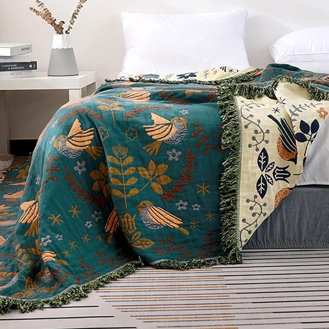 Versatile Cotton Summer Throw Blanket,80"x90" Soft Breathable Boho Quilt,4-Layer Gauze Woven Muslin Blanket,Perfect for Beds,Couches,Chairs,Vintage Decor,Unique Bird & Flower Pattern