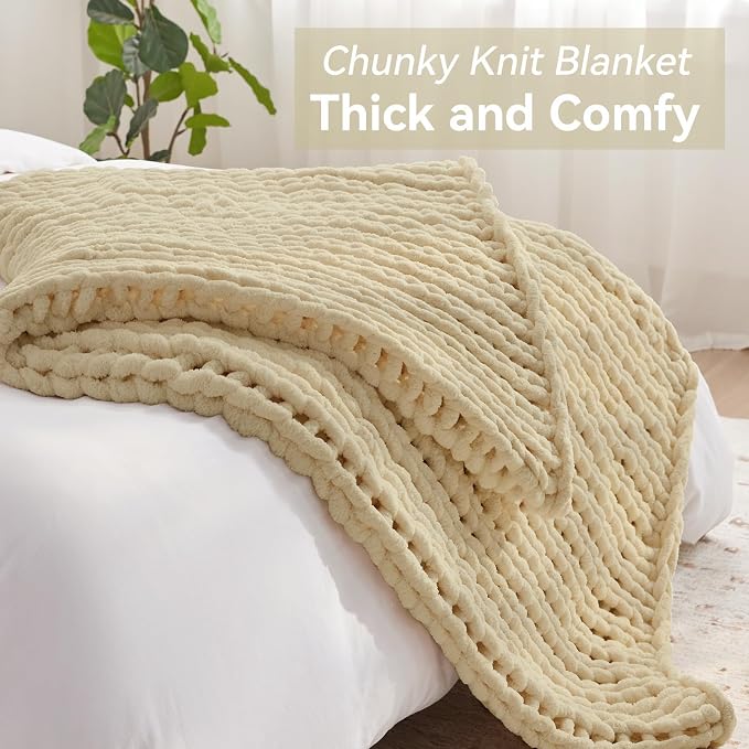 Negwoo Chunky Knit Throw Blanket, 50''*60'' Knitted Throw Chenille Yarn for Bed Couch, Handmade Oatmeal Crochet Big Thick Blanket, Machine Washable Cute Comfy Blanket for Home Decor