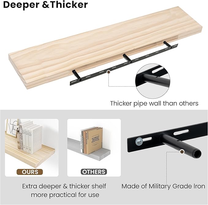 Vivelove Natural Wood Floating Shelves 48”，8 inch Deep Floating Shelf with Invisible Brackets, Unfinished Wall Shelves for Living Room, Bathroom, Kitchen, Bedroom, Home Decor, Set of 1 - Natural
