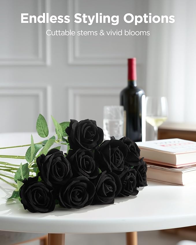 InnoGear 50 Pcs Black Roses Artificial Flowers, Fake Velvet Silk Rose Bulk Faux Flower for Decoration DIY Wedding Centerpieces Proposal Bridal Bouquets Shower Party Home Floral Decor (50, Black)