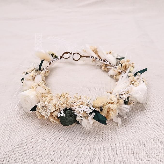 Rustic Preserved Dried Flower Crown with Cream Roses, Natural Floral Headband for Brides Bridesmaids Flower Girls