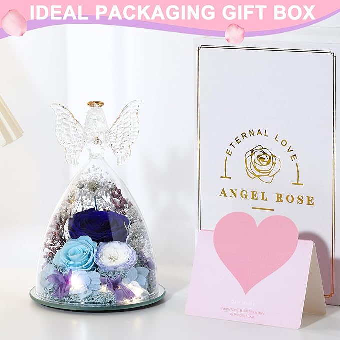 Mothers Day Rose Gifts for Women Preserved Real Flower in Glass Angel Figurines Roses for Delivery Prime Birthday Gifts for Mom Grandma Girlfriend Wife Her,Blue Austin Roses