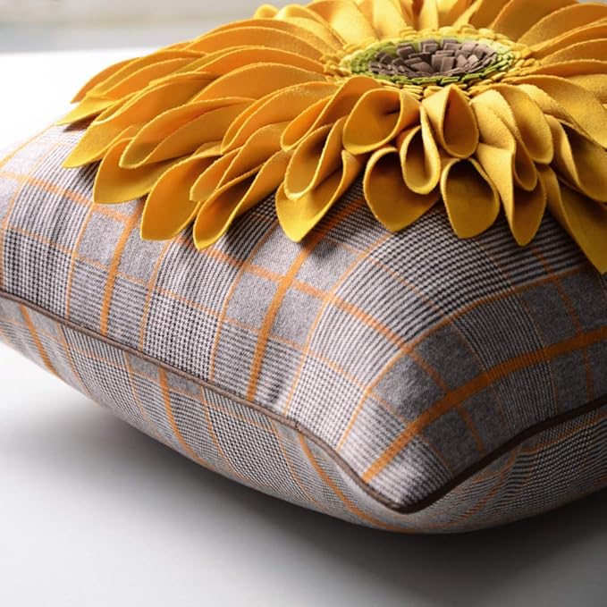OiseauVoler 3D Sunflower Handmade Throw Pillow Cover Decorative Pillowcase Yellow Plaid for Home Bed Living Room Decor 18 x 18 Inch