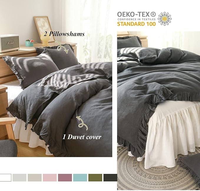 Simple&Opulence 100% Linen Duvet Cover Set, 3 PCS Natural French Flax Dark Grey Ruffle Duvet Cover King Size, Breathable Comfy Linen Bedding Comforter Cover with 2 Pillowcases (Dark Grey, 104" X 92")